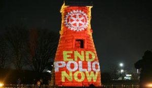 'End Polio Now' is beamed onto Chumsungdae observatory in Gyeongju, South Korea Eun Ox Lee