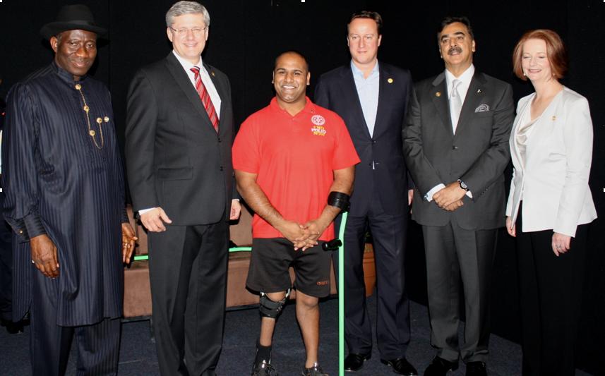 Ramesh Ferris (centre) at the Commonwealth Heads of Government Meeting in Perth, with the heads of state of Australian, Canada, Nigeria, Pakistan and the United Kingdom. Rotary International, Petina Dixon-Jenkins