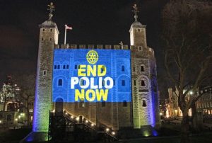 The Tower of London in England, is illuminated with an End Polio Now message. Rotary International