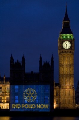 The Rotary wheel logo and the “End Polio Now” message is beamed onto the Houses of Parliament, UK Rich Hendry, courtesy of Rotary International