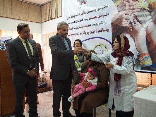 Mosaver is the first child in Afghanistan to receive the new Inactivated Polio Vaccine at an event attended by Minister of Public Health Dr Ferozuddin Feroz. 