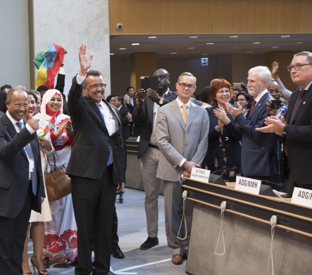 Dr Tedros Adhanom Ghebreyesus waving at the Assembly Hall, after he was elected as the next WHO Director-General.