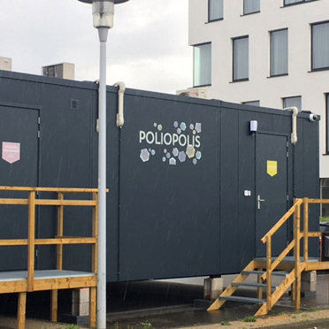 Poliopolis is a 66-unit container village built by the University of Antwerp, Belgium, to house a polio vaccine clinical trial. © Ananda Bandyopadhyay / Bill and Melinda Gates Foundation