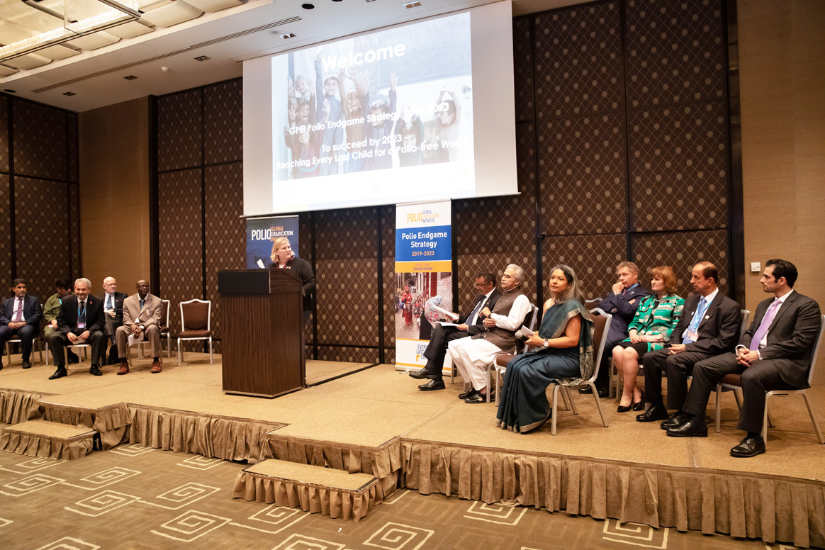 Dr Rebecca Martin, Centers for Disease Control and Prevention, delivering the welcome address at the event ”To succeed by 2023—Reaching Every Last Child for a Polio-free World” to celebrate the launch of the Polio Endgame Strategy 2019-2023. ©WHO.