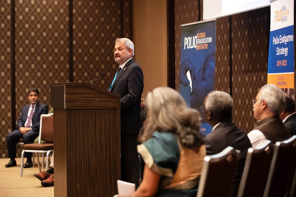 Dr Ferozuddin Feroz, Minister of Public Health, Afghanistan, talking about the remaining challenges for polio eradication and the need for continued partner support in the last mile. ©WHO