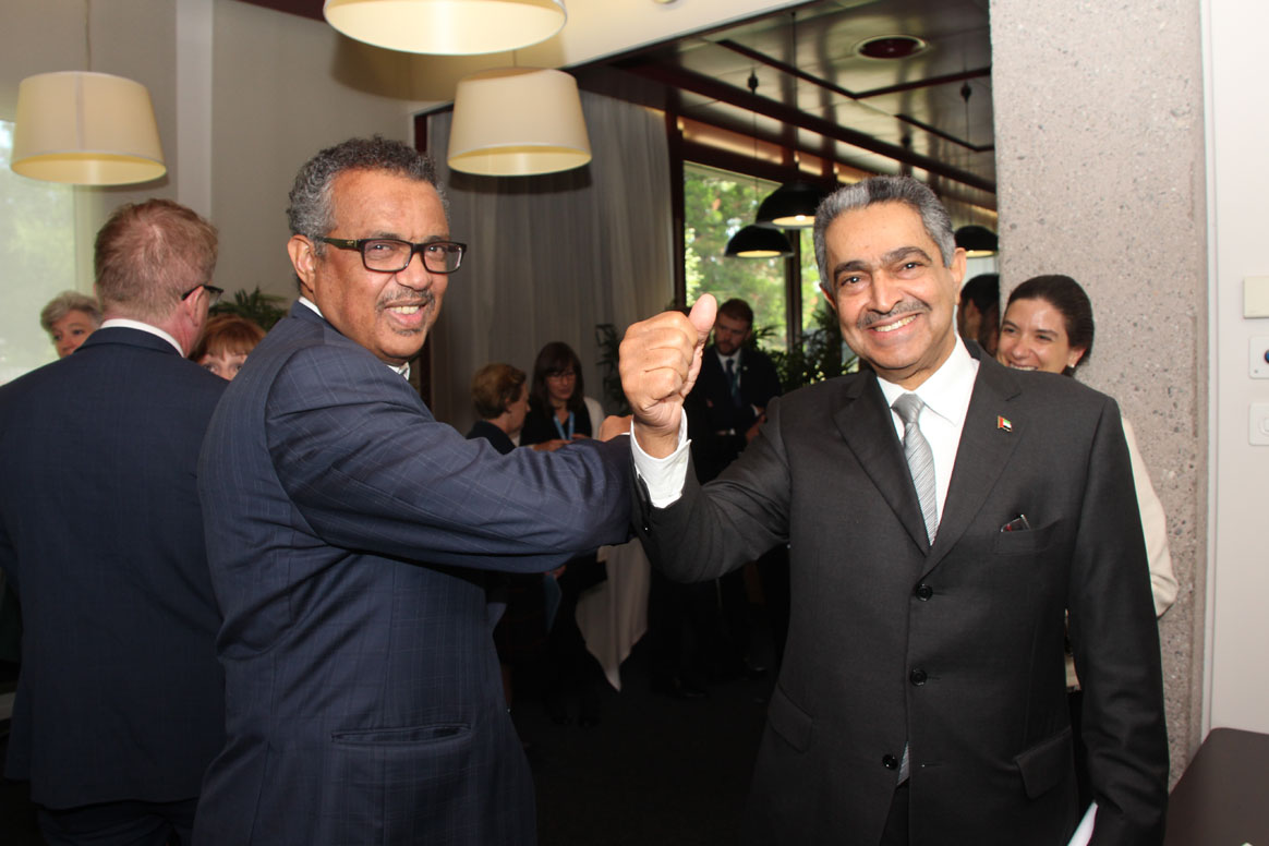 WHO-DG and Chair of the GPEI Polio Oversight Board, Dr Tedros Adhanom Ghebreyesus, sharing a candid moment with His Excellency Obaid Saleem Saeed Al Zaabi, UAE Permanent Representative to the United Nations (UN). ©WHO