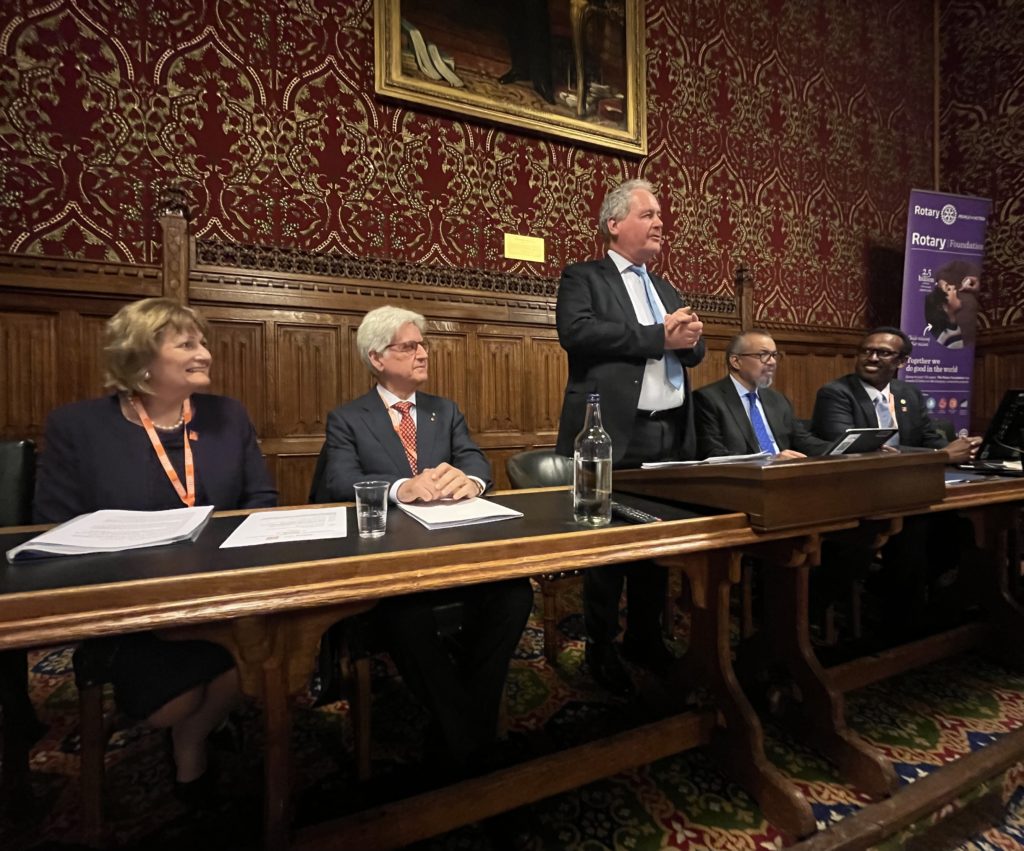 Vice Chair of Rotary International’s PolioPlus Committee Judith Diment, Rotary International President Francesco Arezzo, UK Member of Parliament Bob Blackman, WHO Director-General Dr Tedros Adhanom Ghebreyesus and WHO Director for Polio Eradication Dr Jamal Ahmed. © Rotary